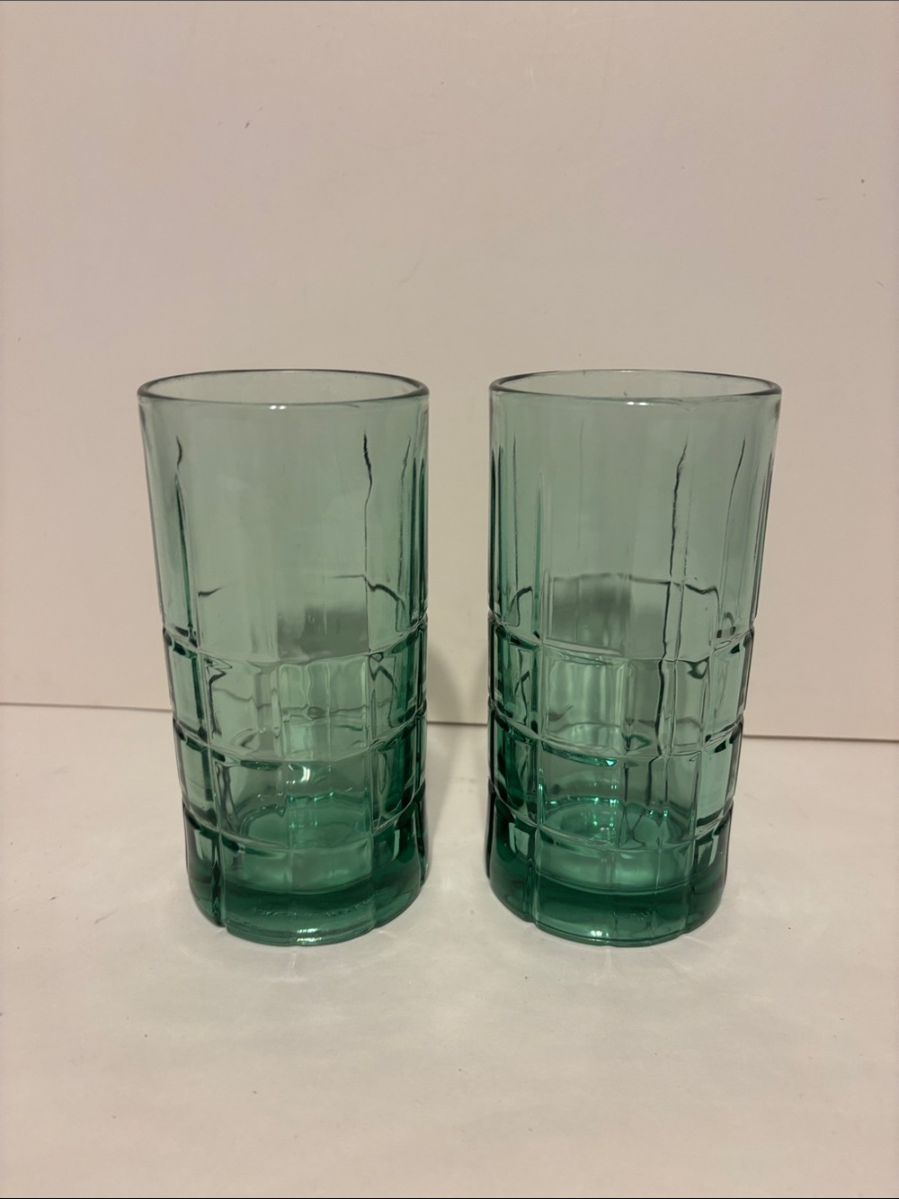 Vintage Anchor Hocking Teal blue green Tartan 6" Heavy Glass 16oz Tumblers set 2